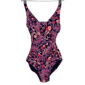Lands End One Piece Swimsuit XS Floral Paisley Tank Scoop Back Swimwear Blue